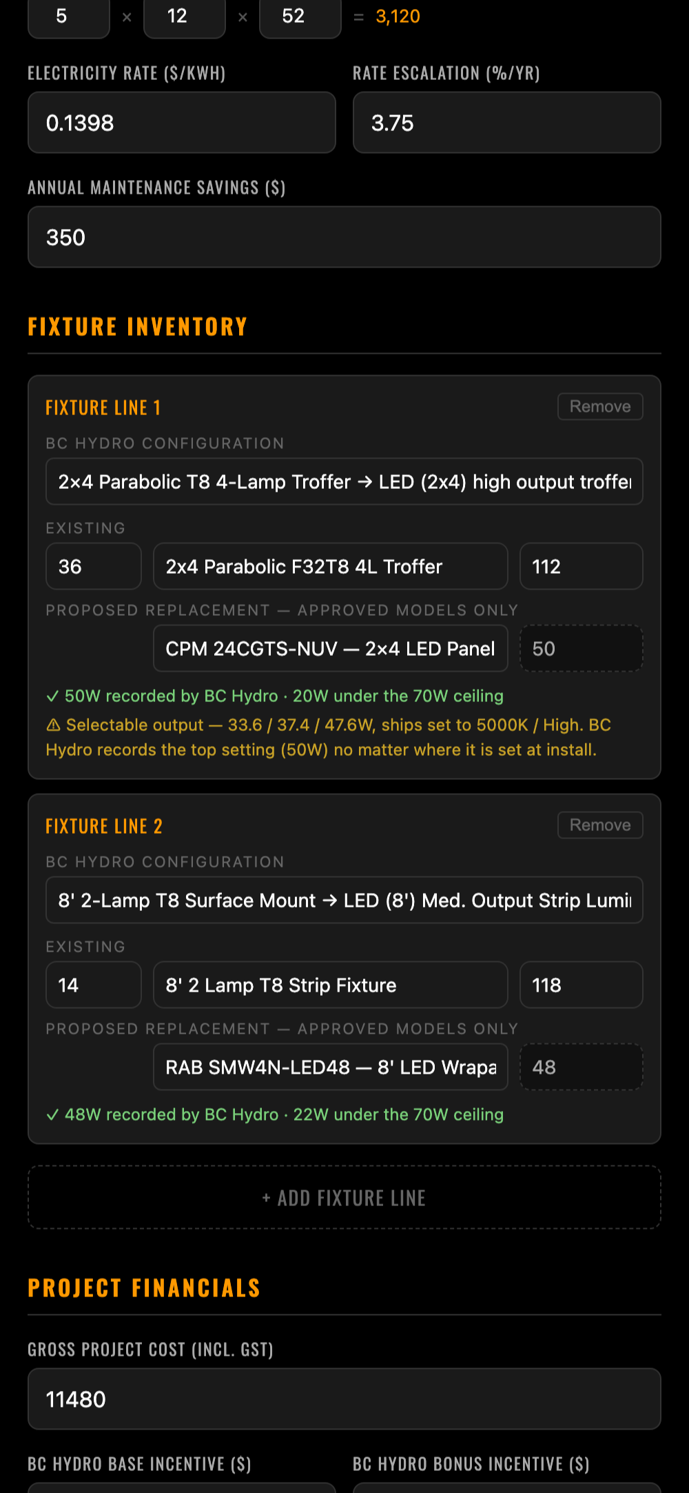 The Massey lighting audit app on a phone, with the business details and operating hours filled in.